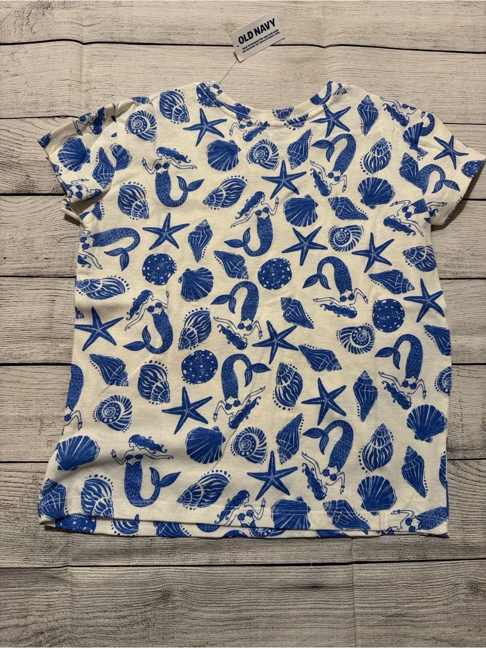 Old Navy White Short Sleeve Shirt with Blue Mermaid & Seashell Print size Small